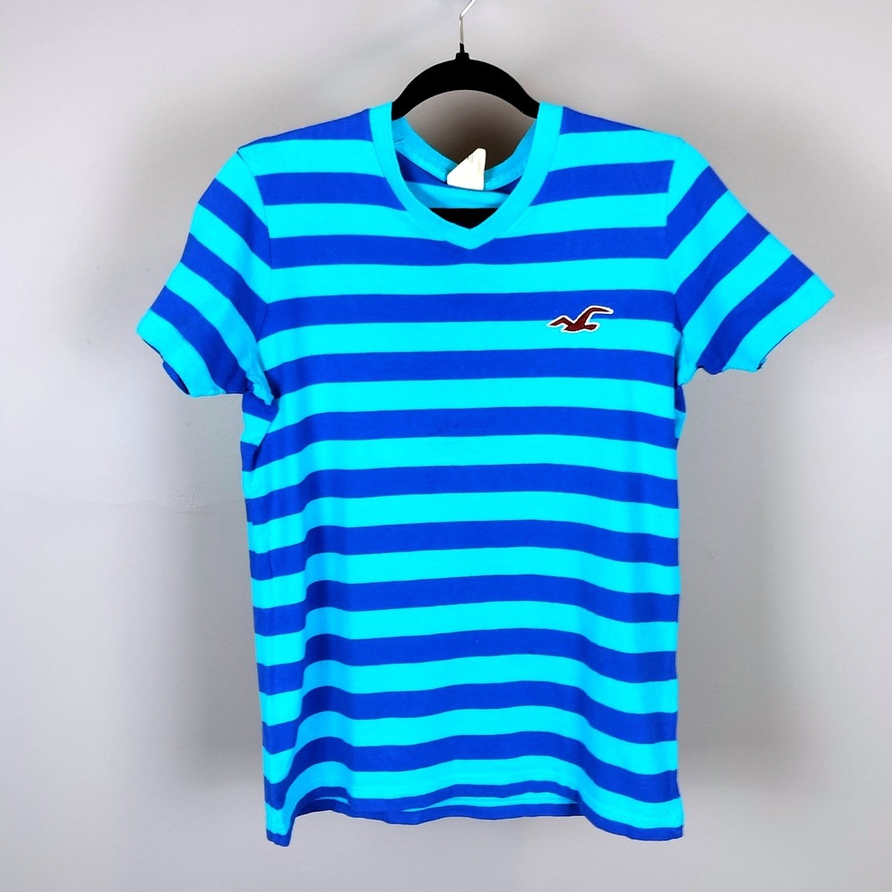 Hollister Striped Cotton V Neck Tee Blue Turquoise Short Sleeve Shirt